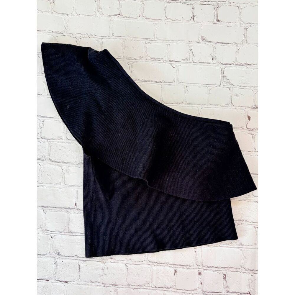 Wilfred Women's Merino Wool One Shoulder Ruffle Popover Crop Top Black Medium